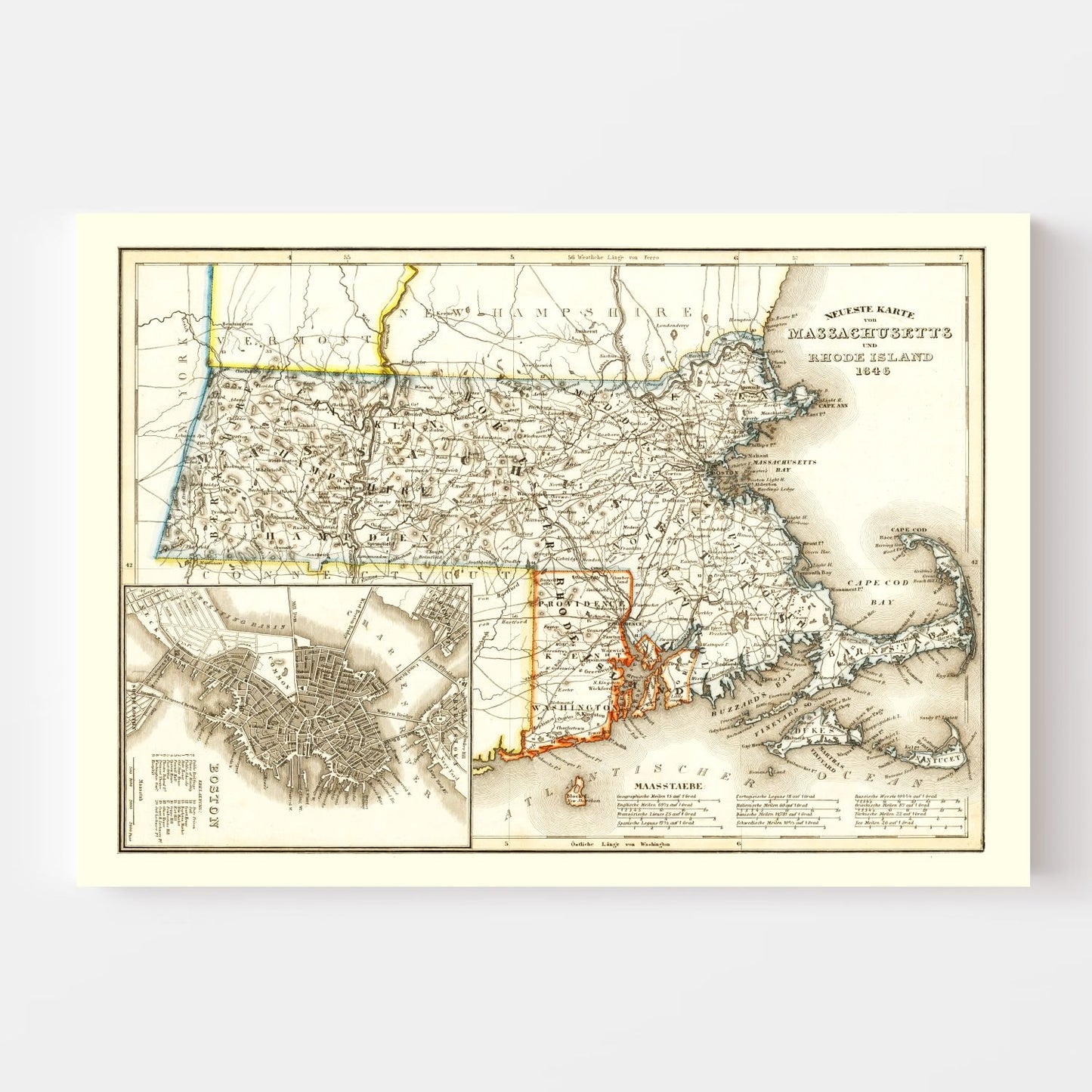 Vintage Map of Massachusetts 1846