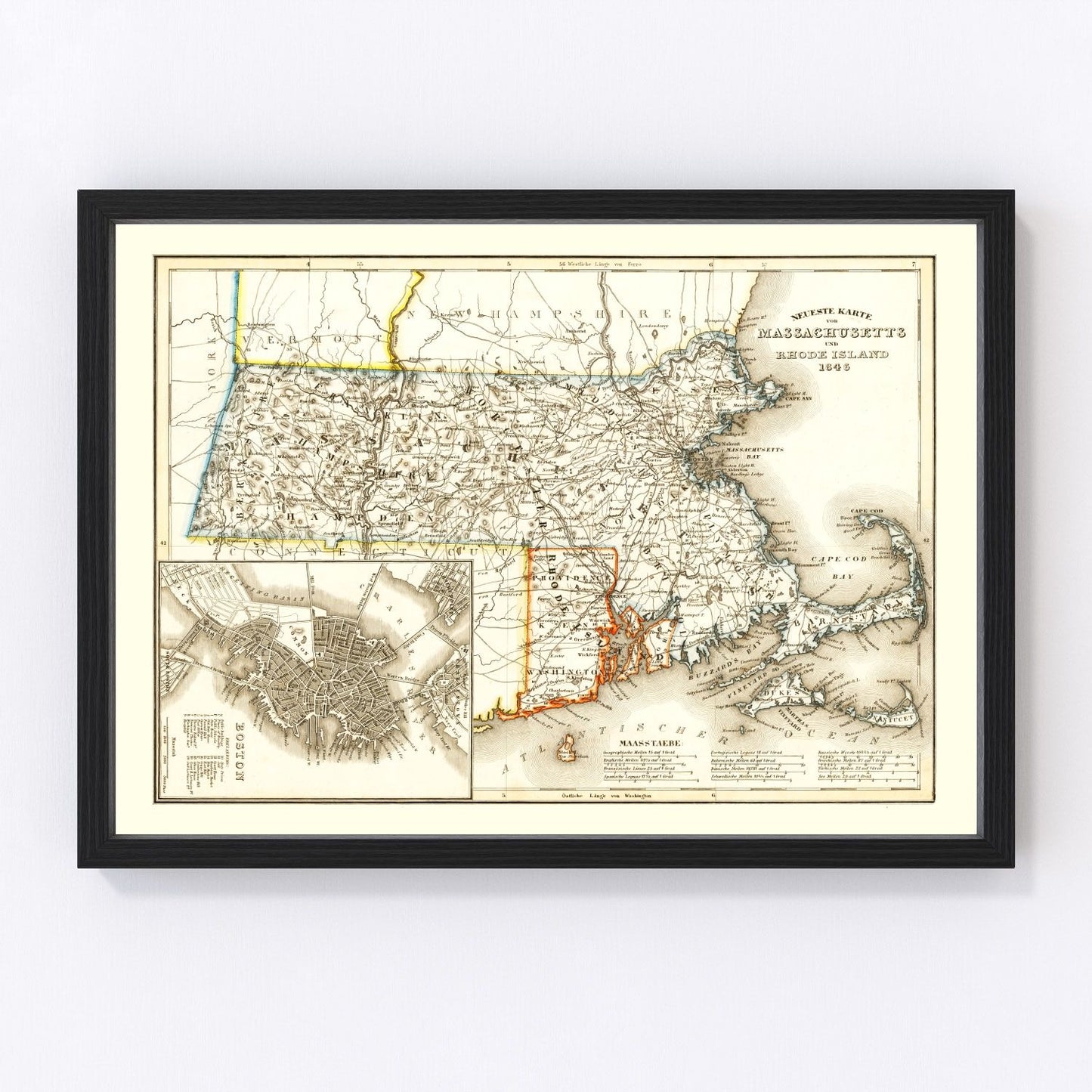 Vintage Map of Massachusetts 1846