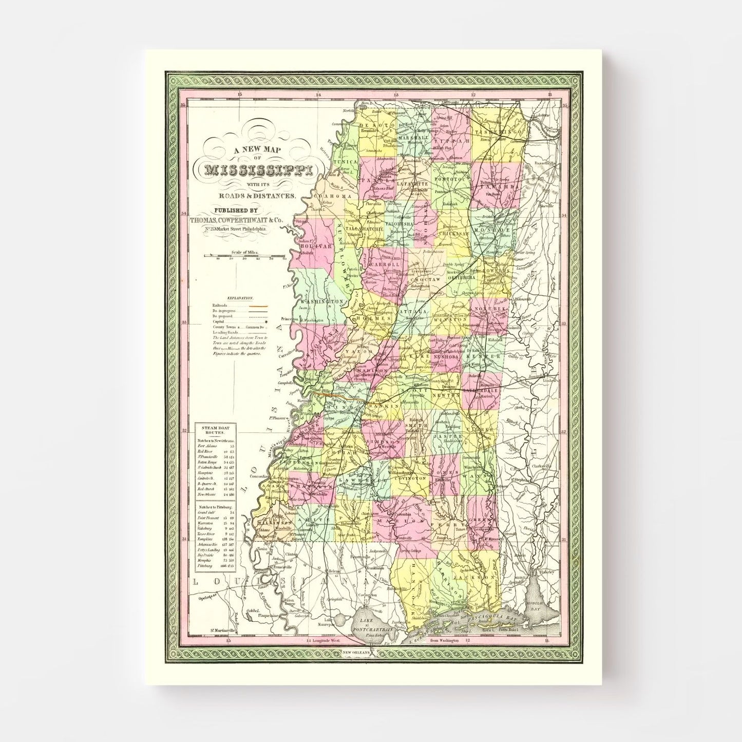 Vintage Map of Mississippi 1854