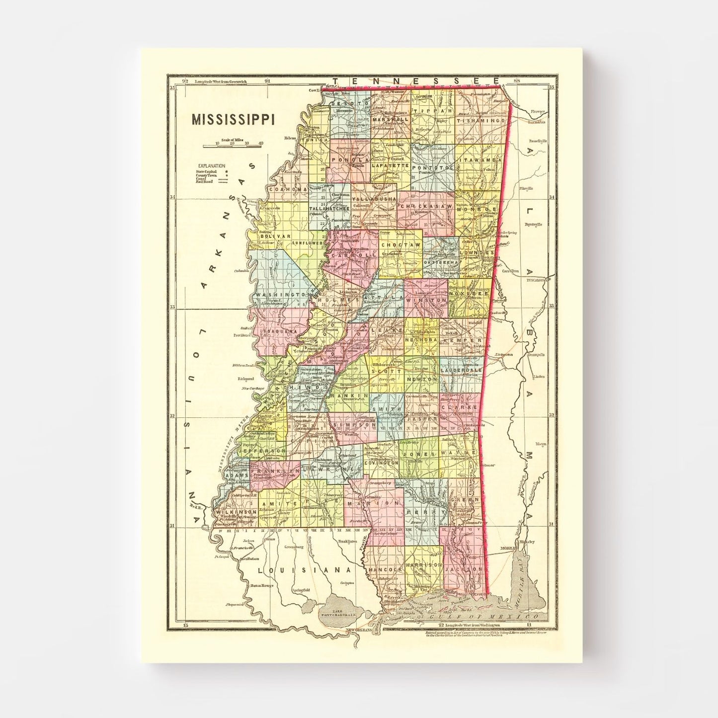 Vintage Map of Mississippi 1856
