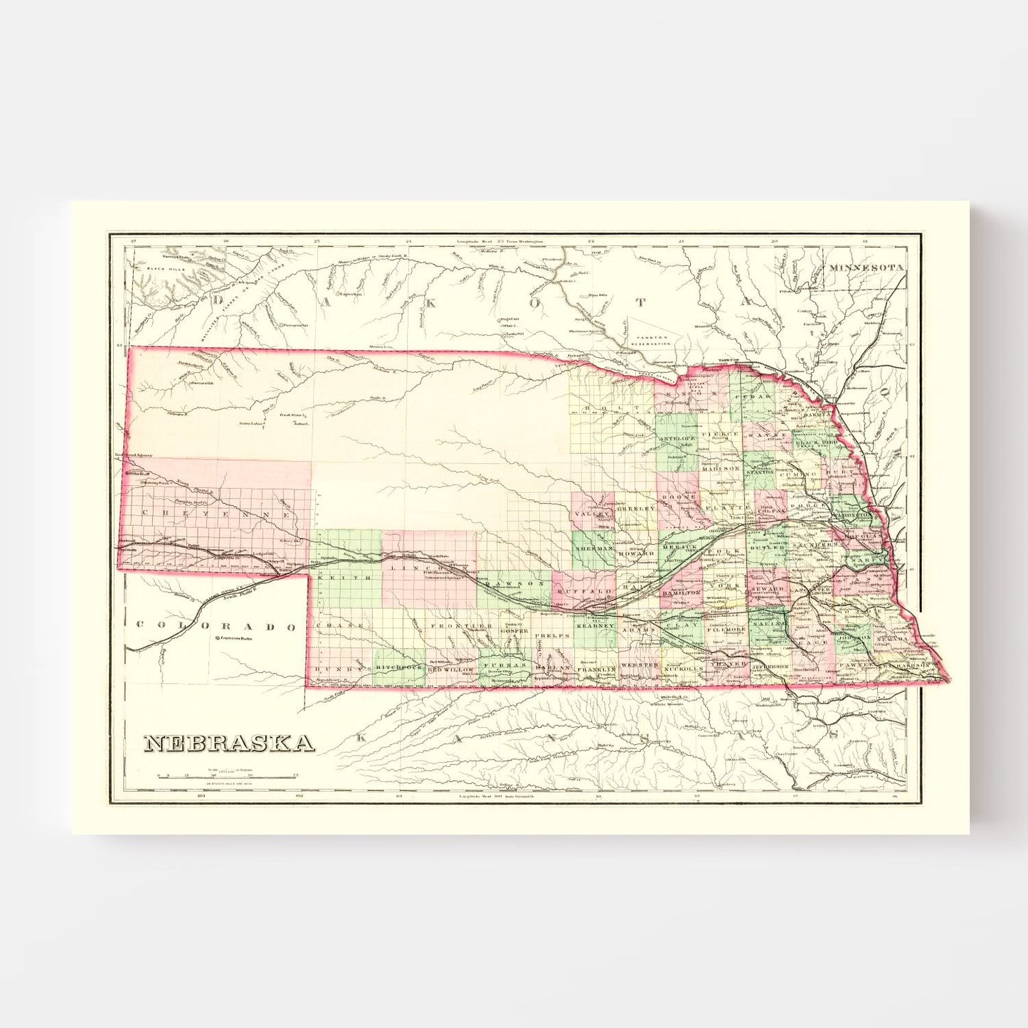 Vintage Map of Nebraska 1876