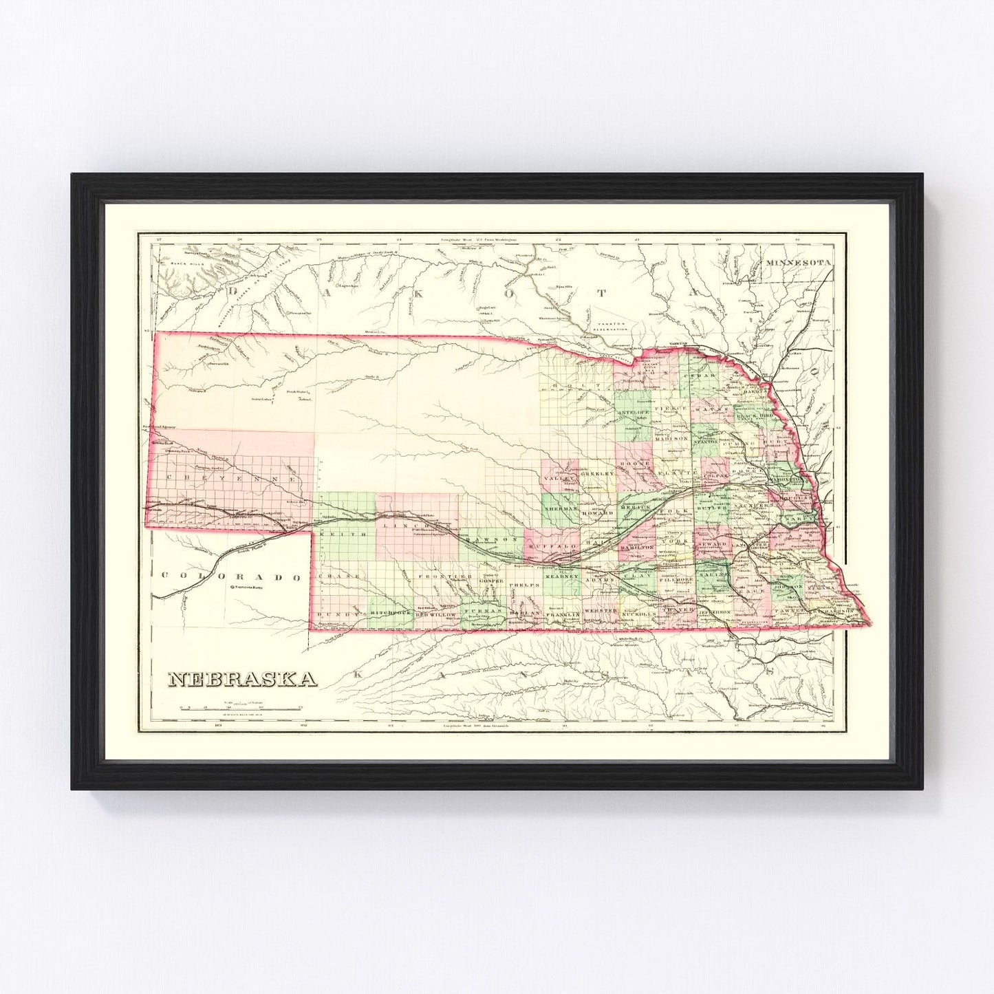 Vintage Map of Nebraska 1876
