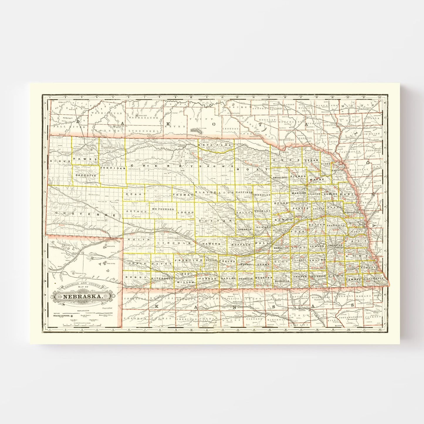 Vintage Railroad Map of Nebraska 1888