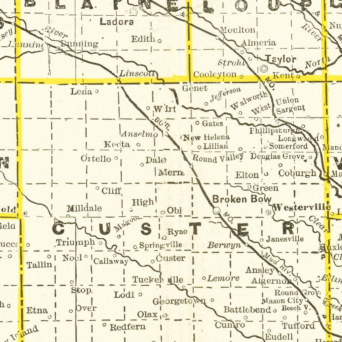 Vintage Railroad Map of Nebraska 1888