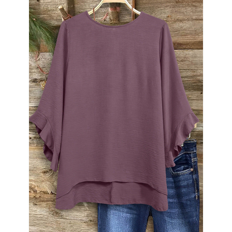 Women's Solid Color Loose Round-Neck Top – Ruffled Three-Quarter Sleeves