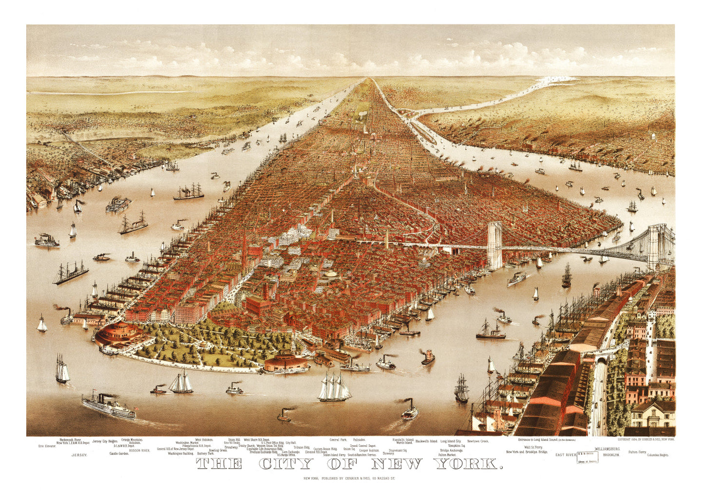 Vintage Map of New York City, New York 1884