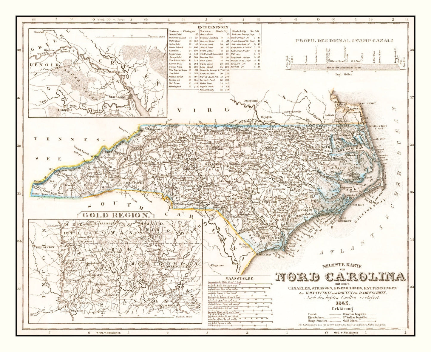 Vintage Map of North Carolina 1845