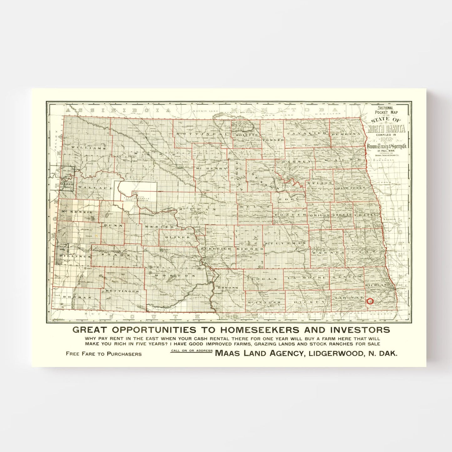 Vintage Map of North Dakota 1902