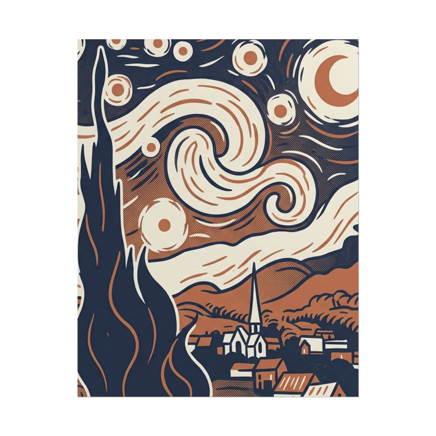 Starry Night-Inspired Rolled Poster — Vintage Blue & Tan Landscape Art Print