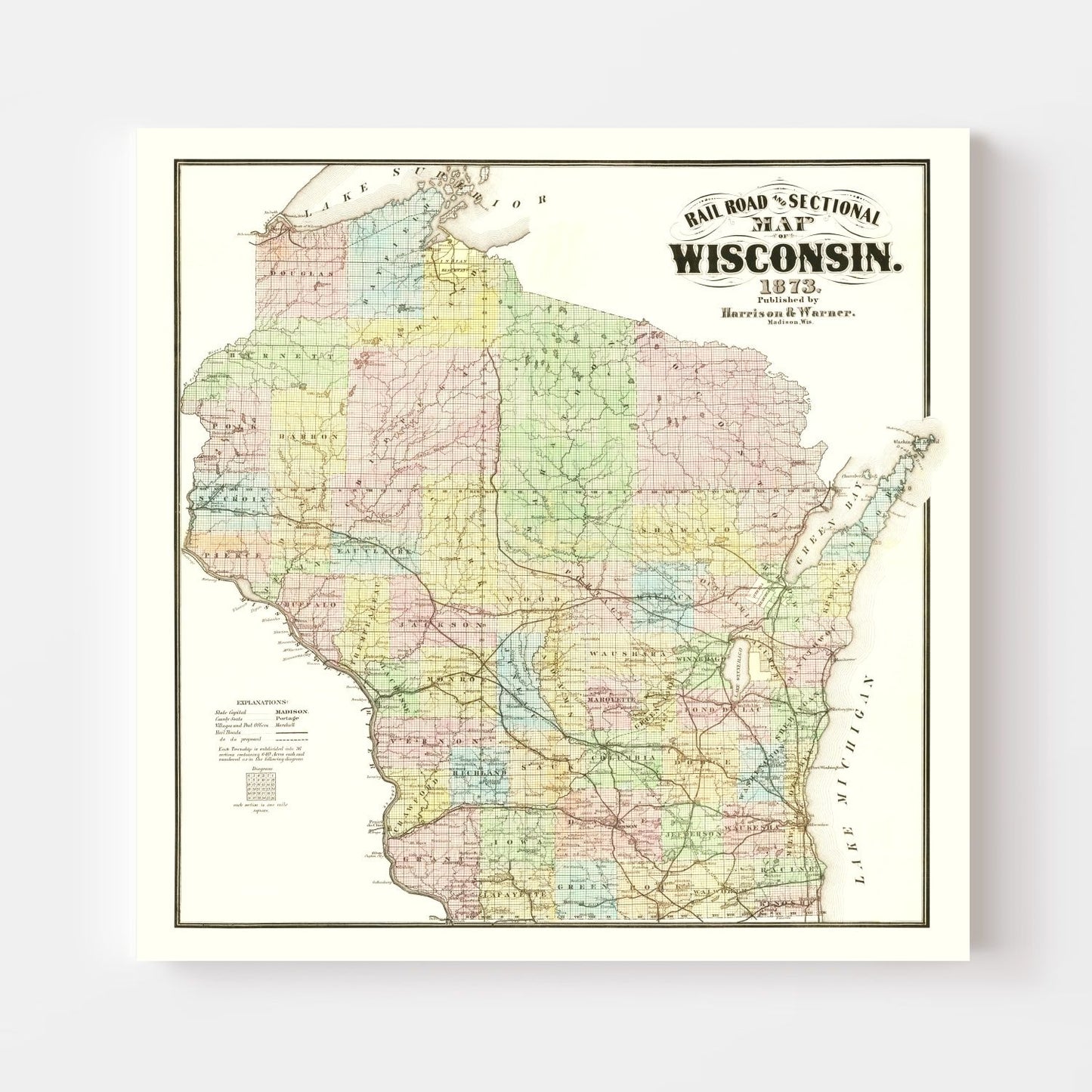 Vintage Railroad Map of Wisconsin 1873