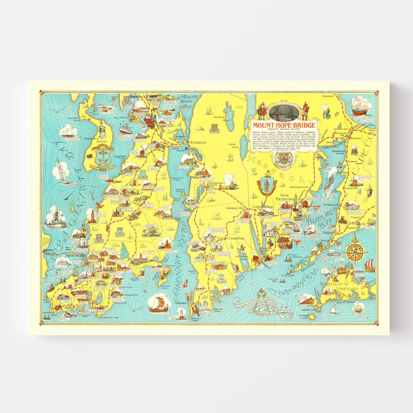 Vintage Pictorial Map of Mount Hope Bridge, RI 1933