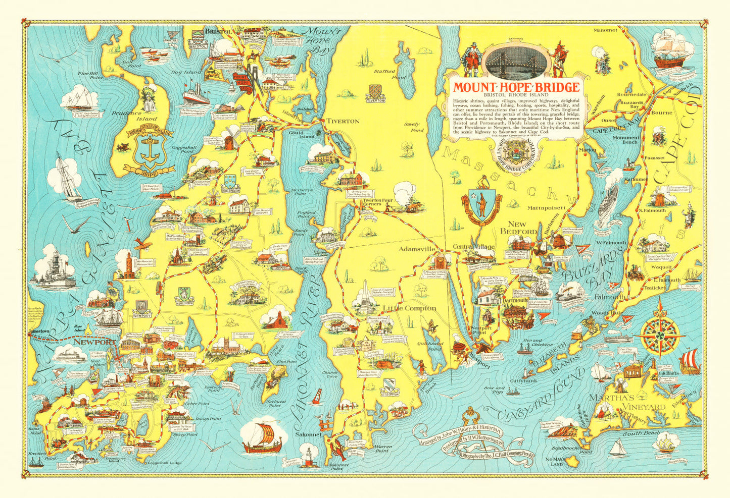 Vintage Pictorial Map of Mount Hope Bridge, RI 1933