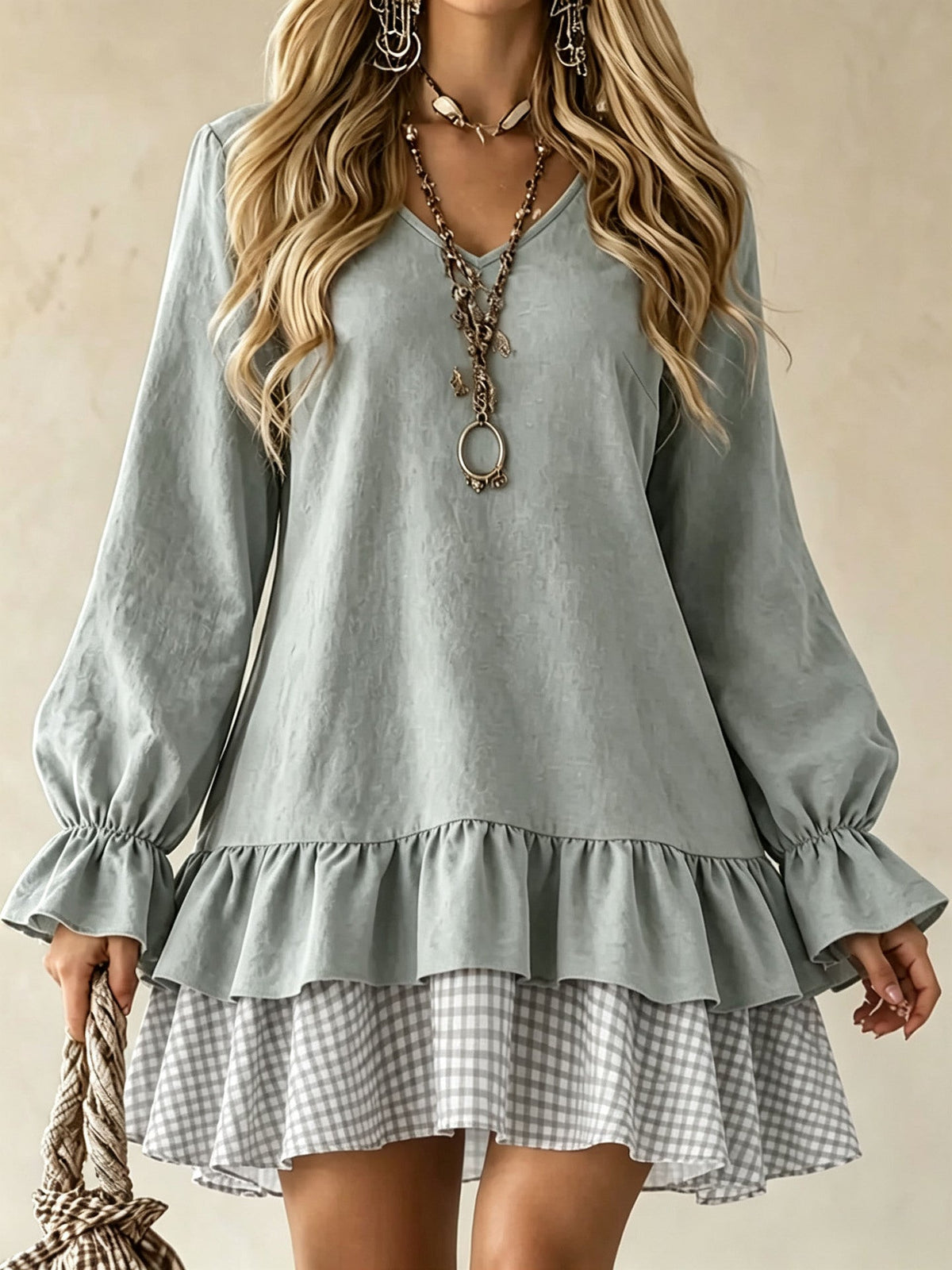 Women's V-Neck Ruffle Sleeve Plaid Patchwork Mini Dress