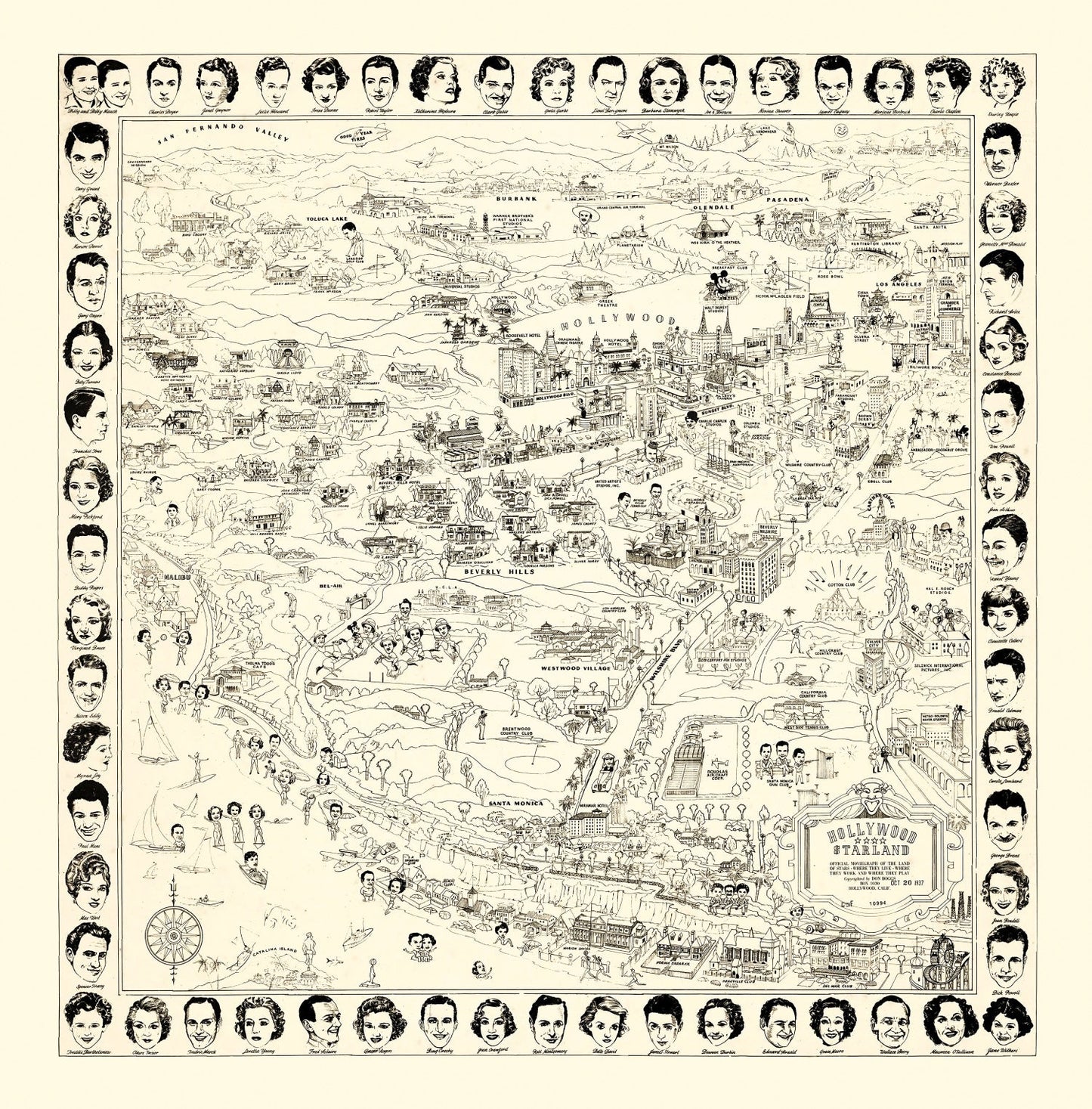 Vintage Los Angeles Movie Star Map 1937