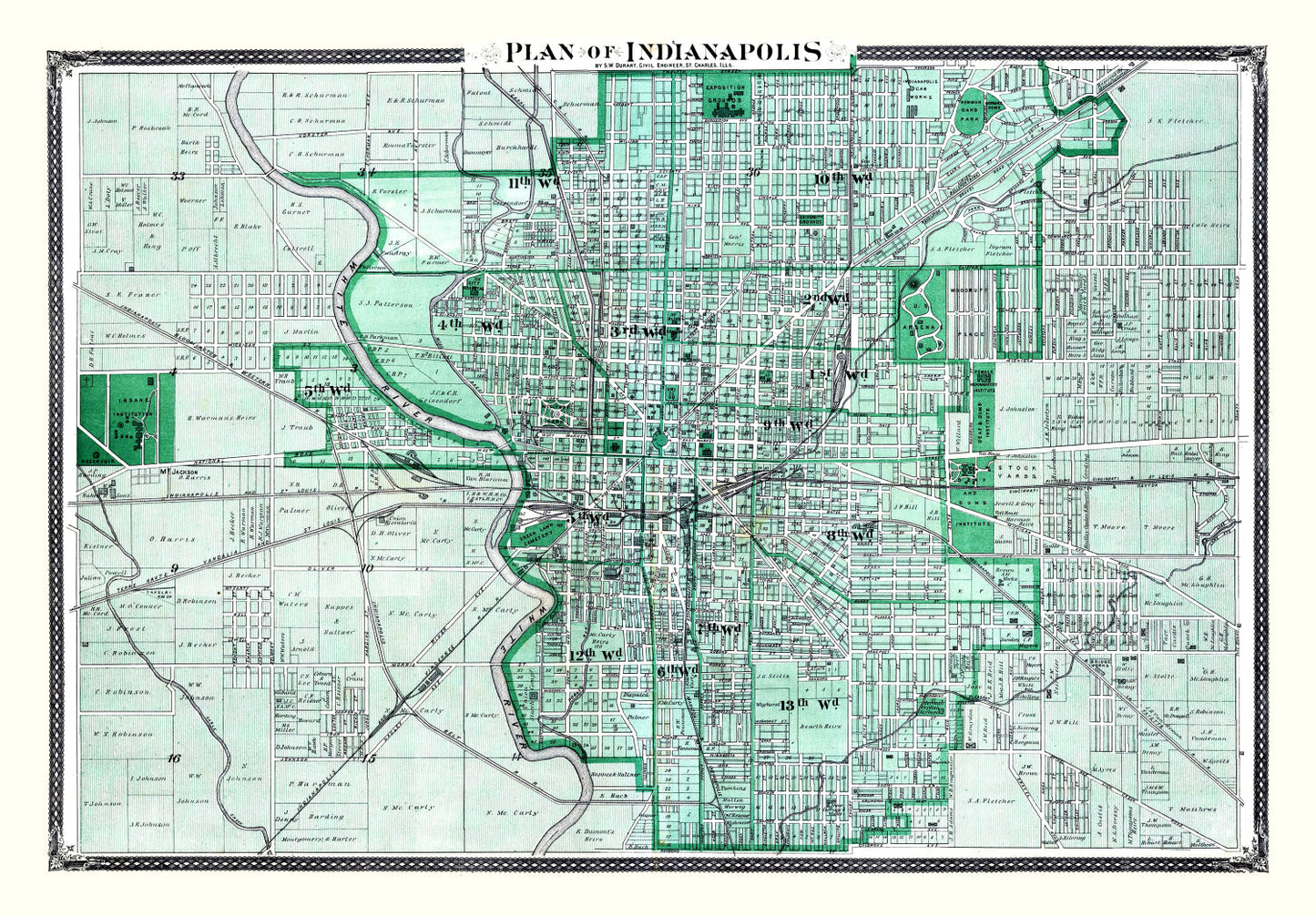 Vintage Map of Indianapolis, Indiana 1876