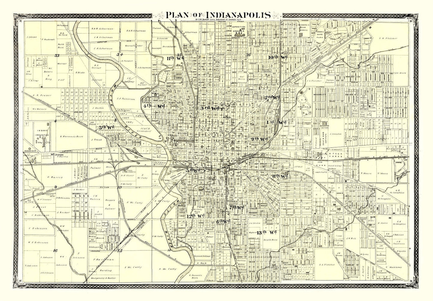 Vintage Map of Indianapolis, Indiana 1876