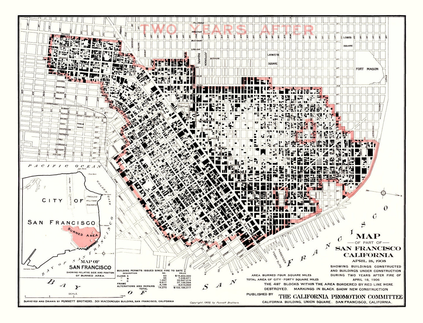 Vintage Map of San Francisco Post 1906 Fire (1908)