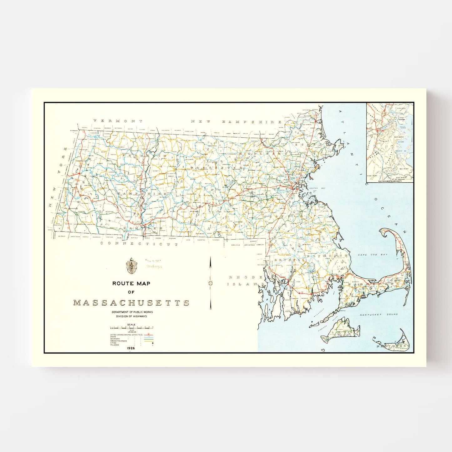 Vintage Map of Massachusetts 1926
