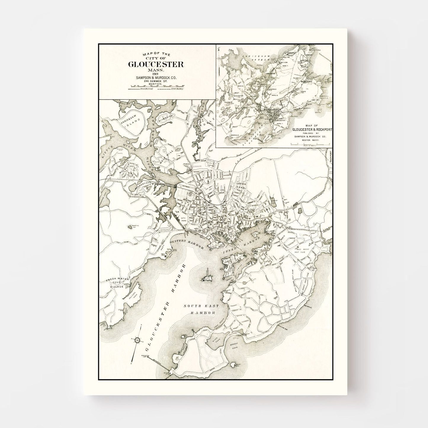 Vintage Map of Gloucester, Massachusetts 1919