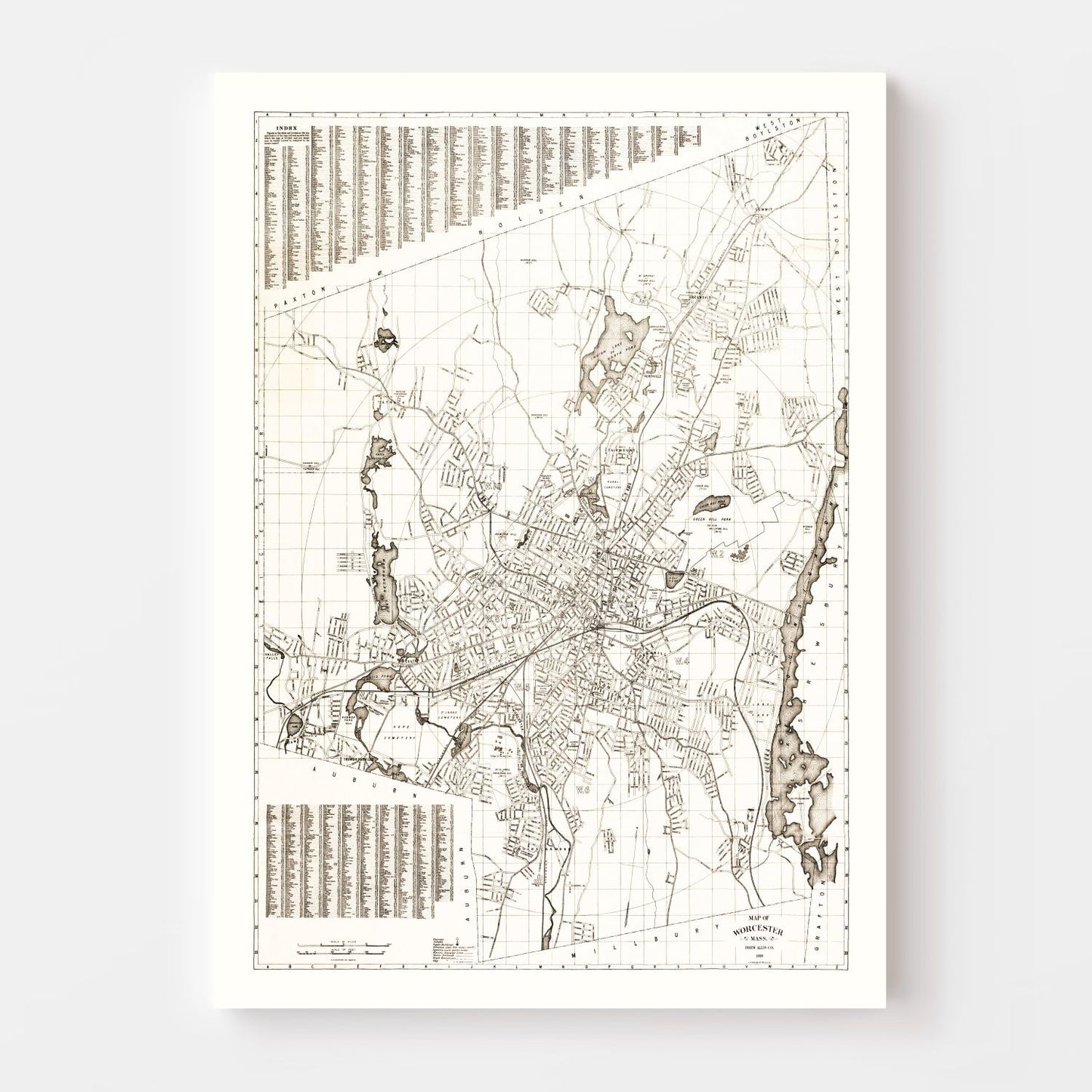 Vintage Map of Worcester, Massachusetts 1919
