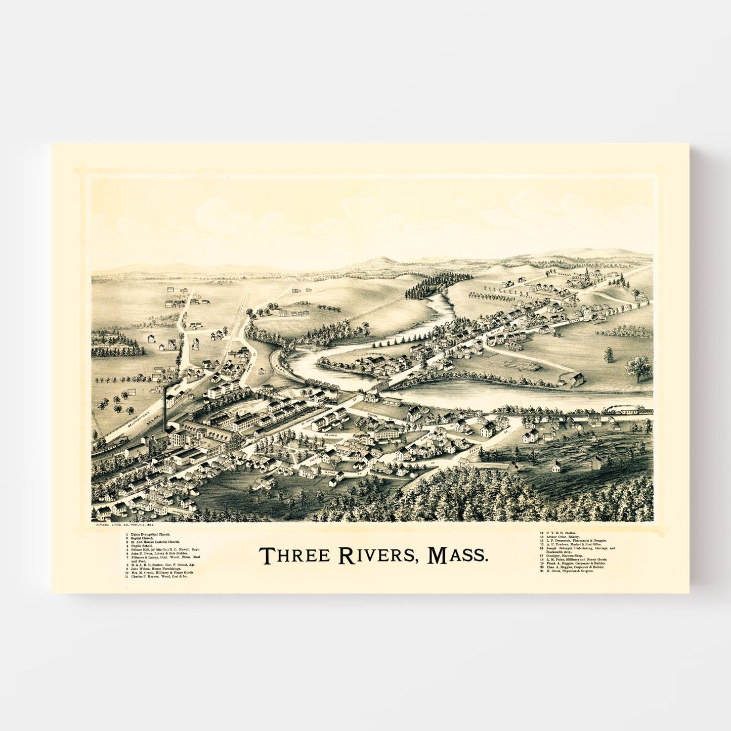Vintage Map of Three Rivers, Massachusetts 1893
