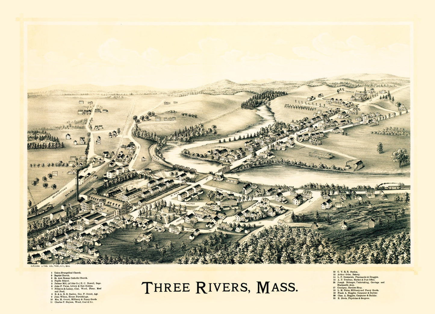 Vintage Map of Three Rivers, Massachusetts 1893