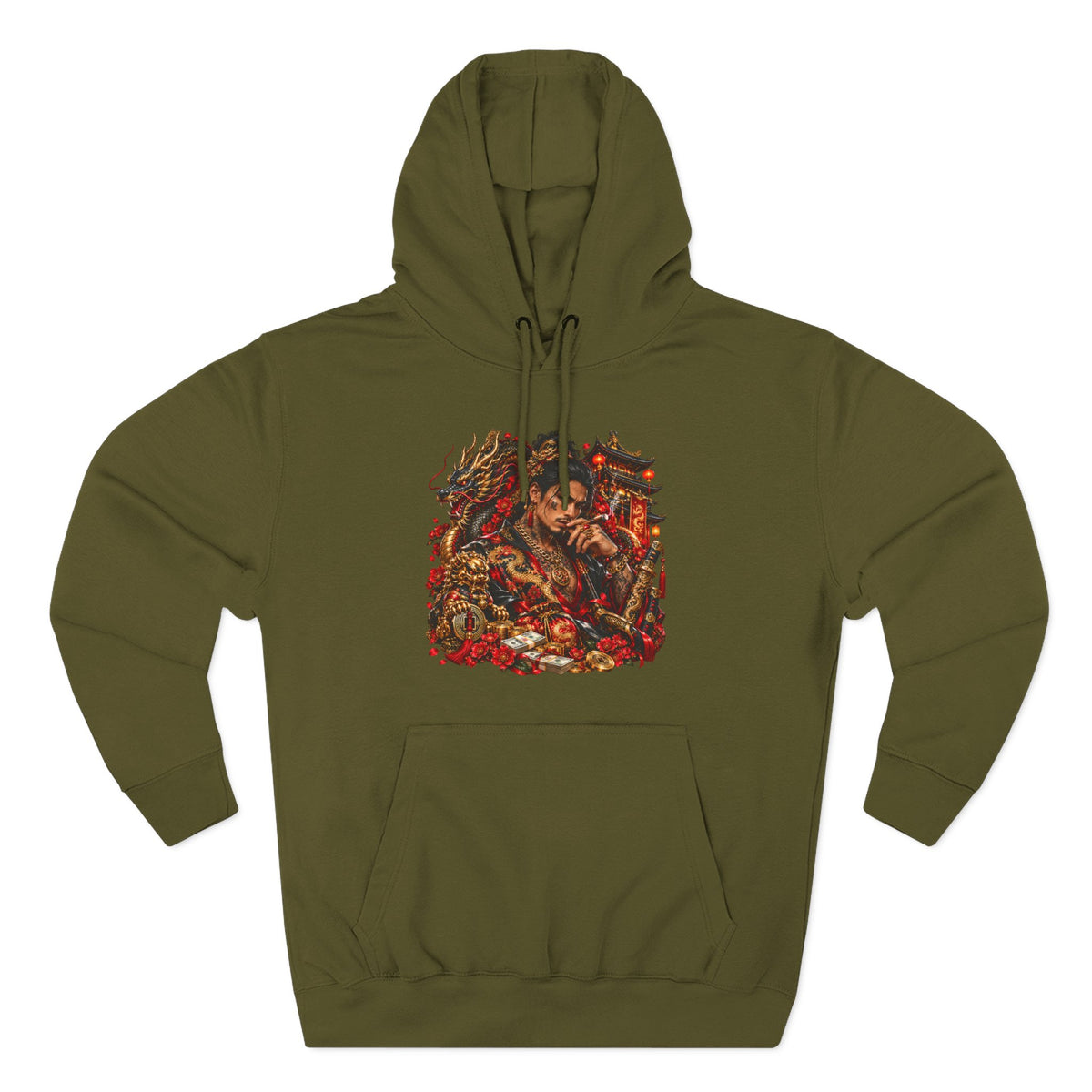 Dragon Battle Hoodie — Three-Panel Fleece Hooded Sweatshirt with Fiery Fantasy Artwork