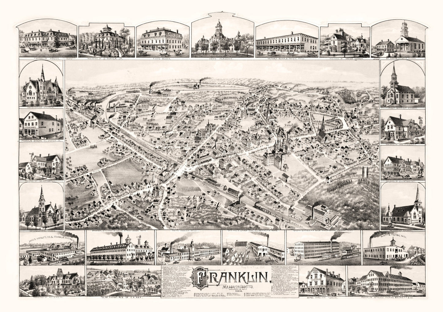 Vintage Map of Franklin, Massachusetts 1888