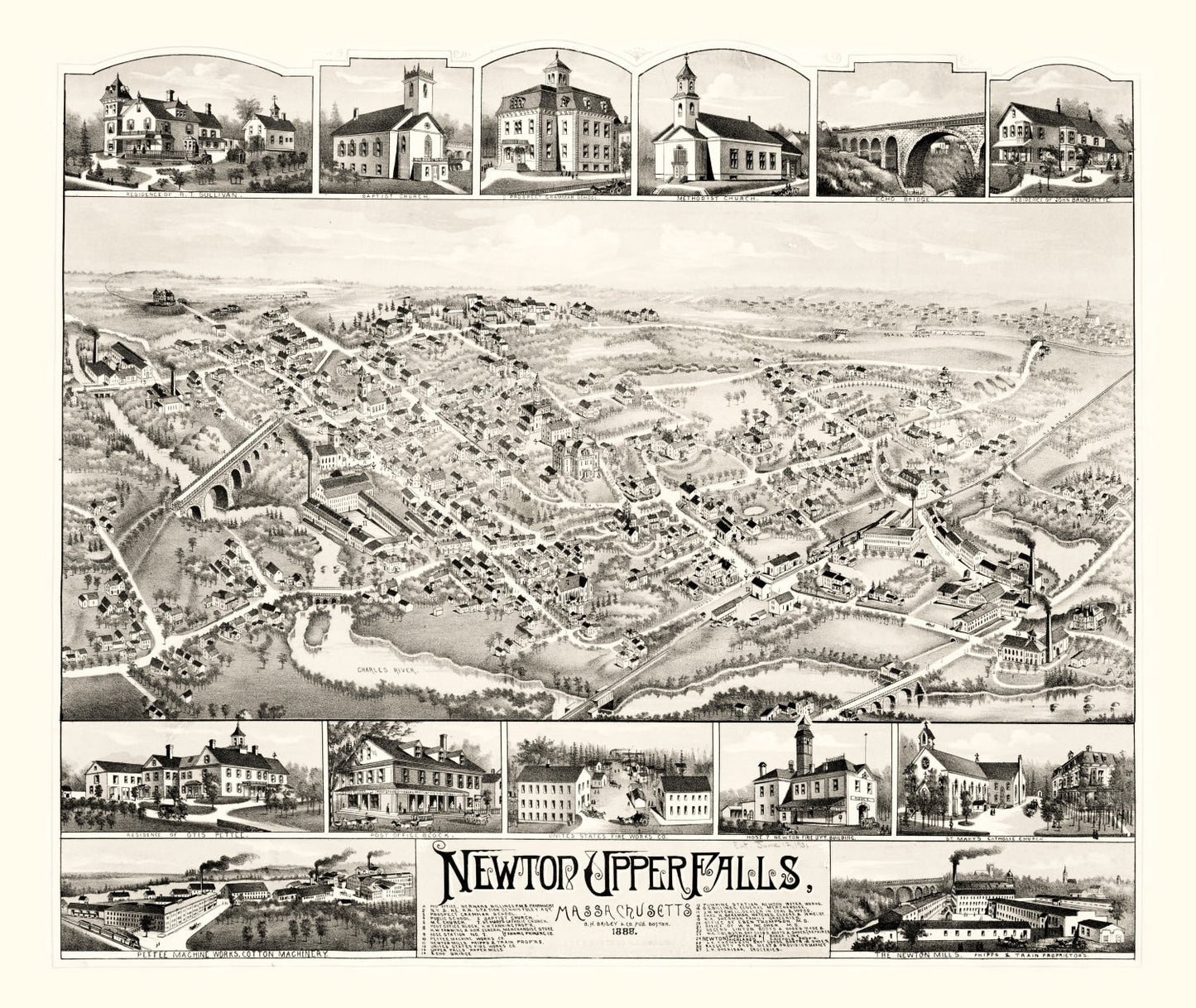 Vintage Map of Newton Upper Falls, Massachusetts 1888