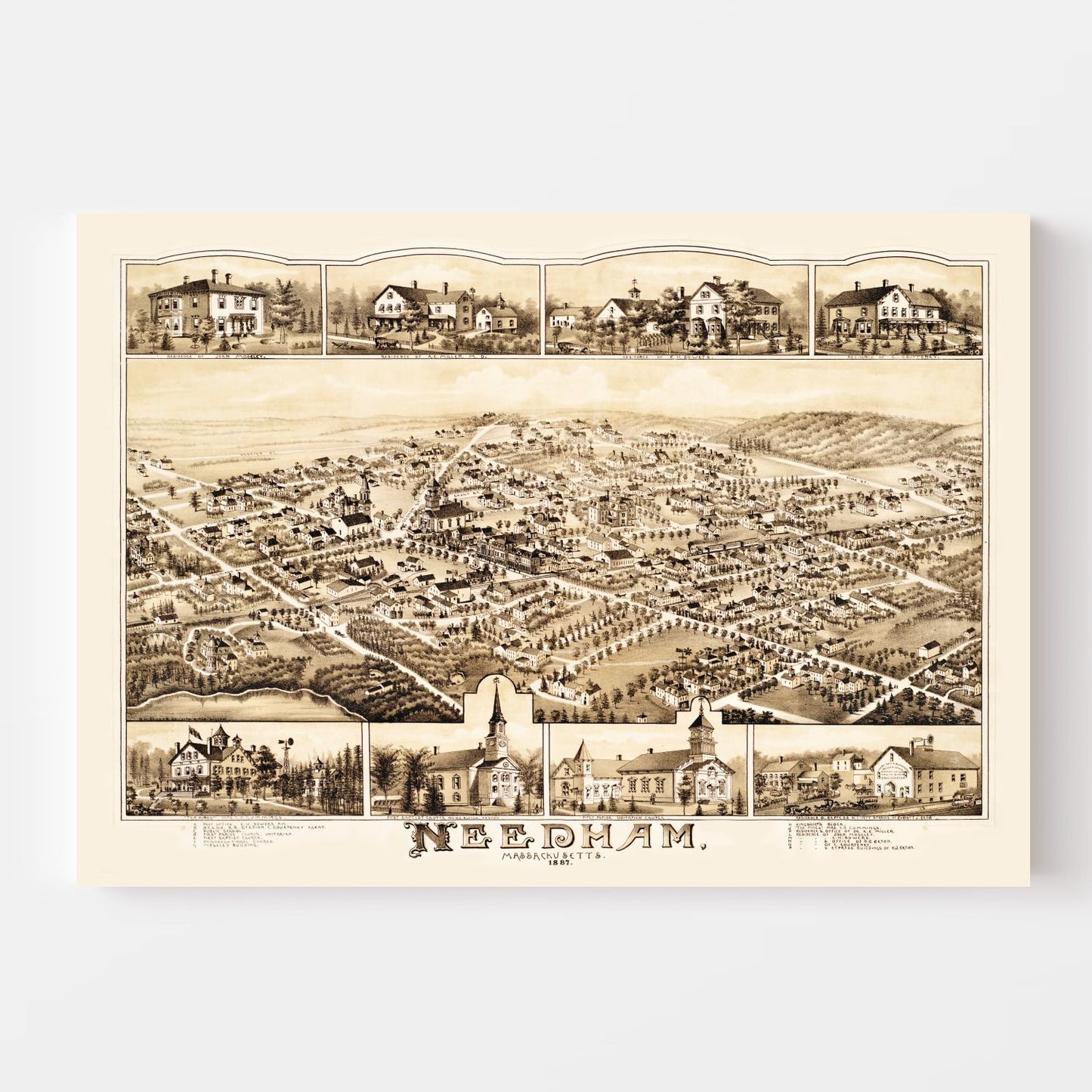 Vintage Map of Needham, Massachusetts 1887