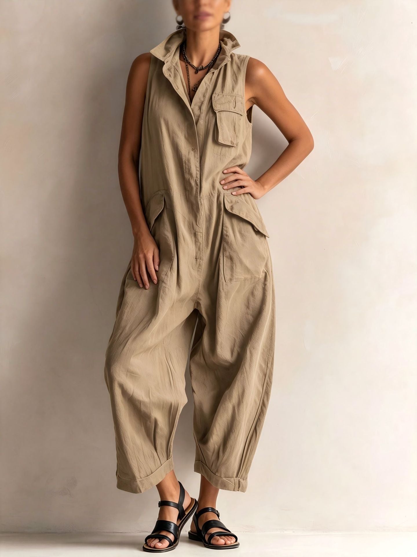Women's Cotton Sleeveless Cargo Jumpsuit – Wide Leg Multi-Pocket