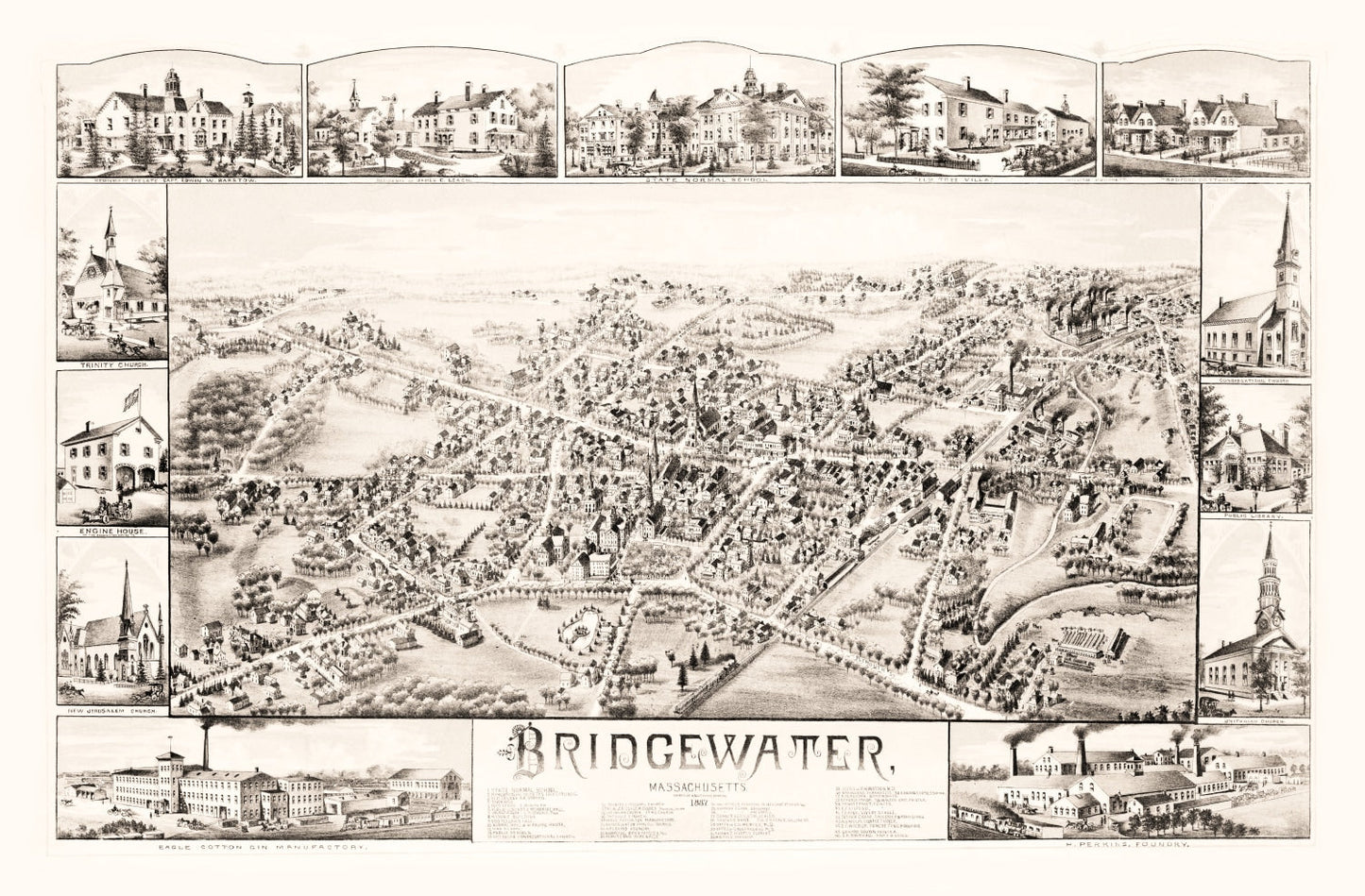 Vintage Map of Bridgewater, Massachusetts 1887