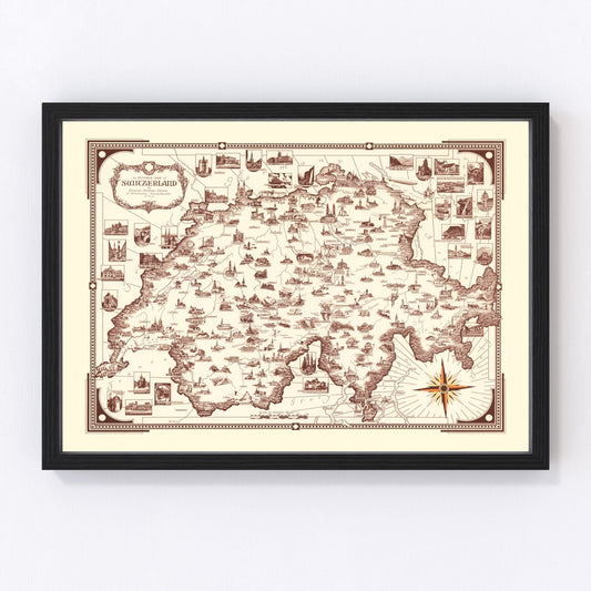 Vintage Pictorial Map of Switzerland, 1936