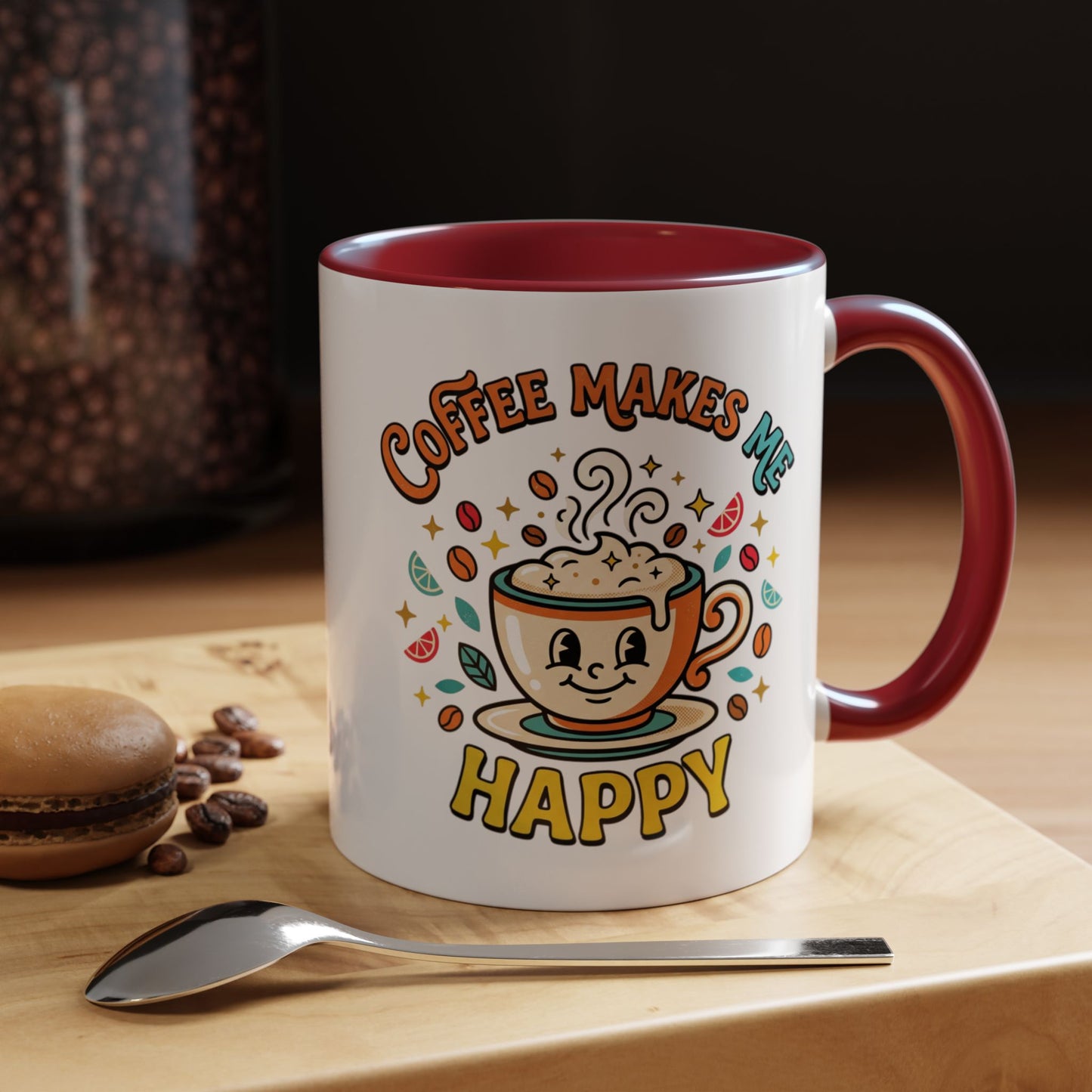 Coffee Mug — "Coffee Makes Me Happy" Cute Retro Accent Mug (11/15oz)
