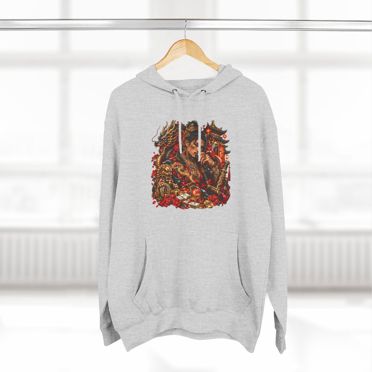 Dragon Battle Hoodie — Three-Panel Fleece Hooded Sweatshirt with Fiery Fantasy Artwork