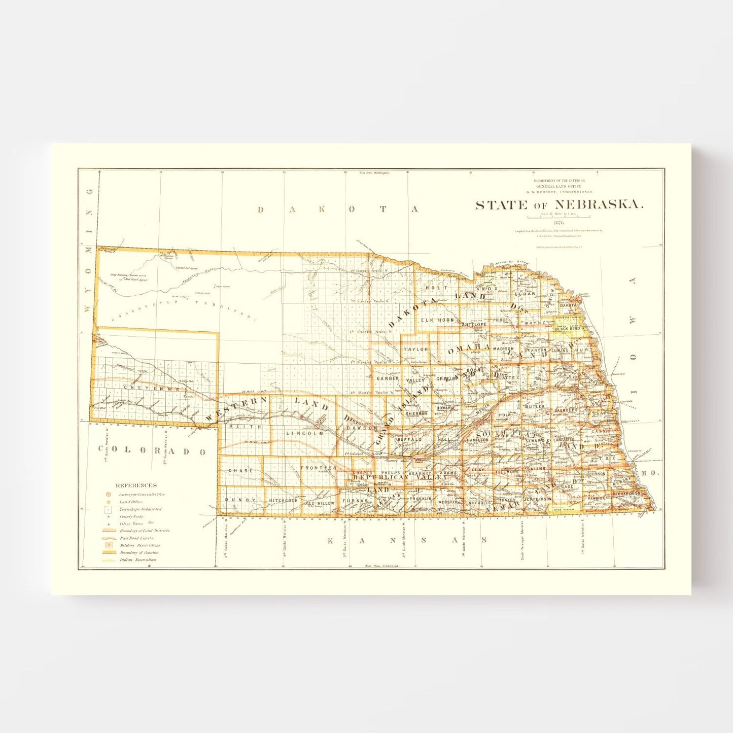 Vintage Map of Nebraska 1876