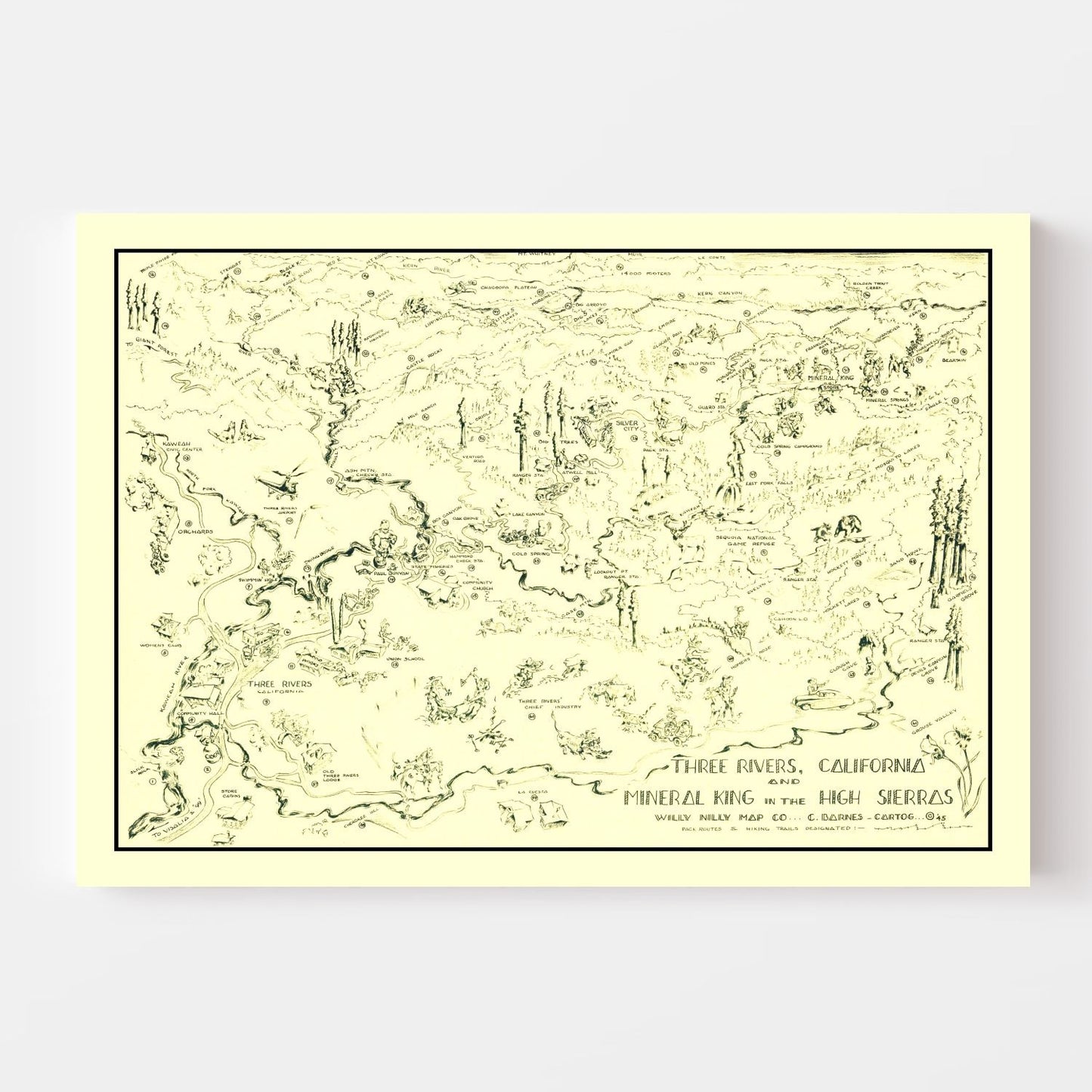 Vintage Map of Three Rivers, California 1945