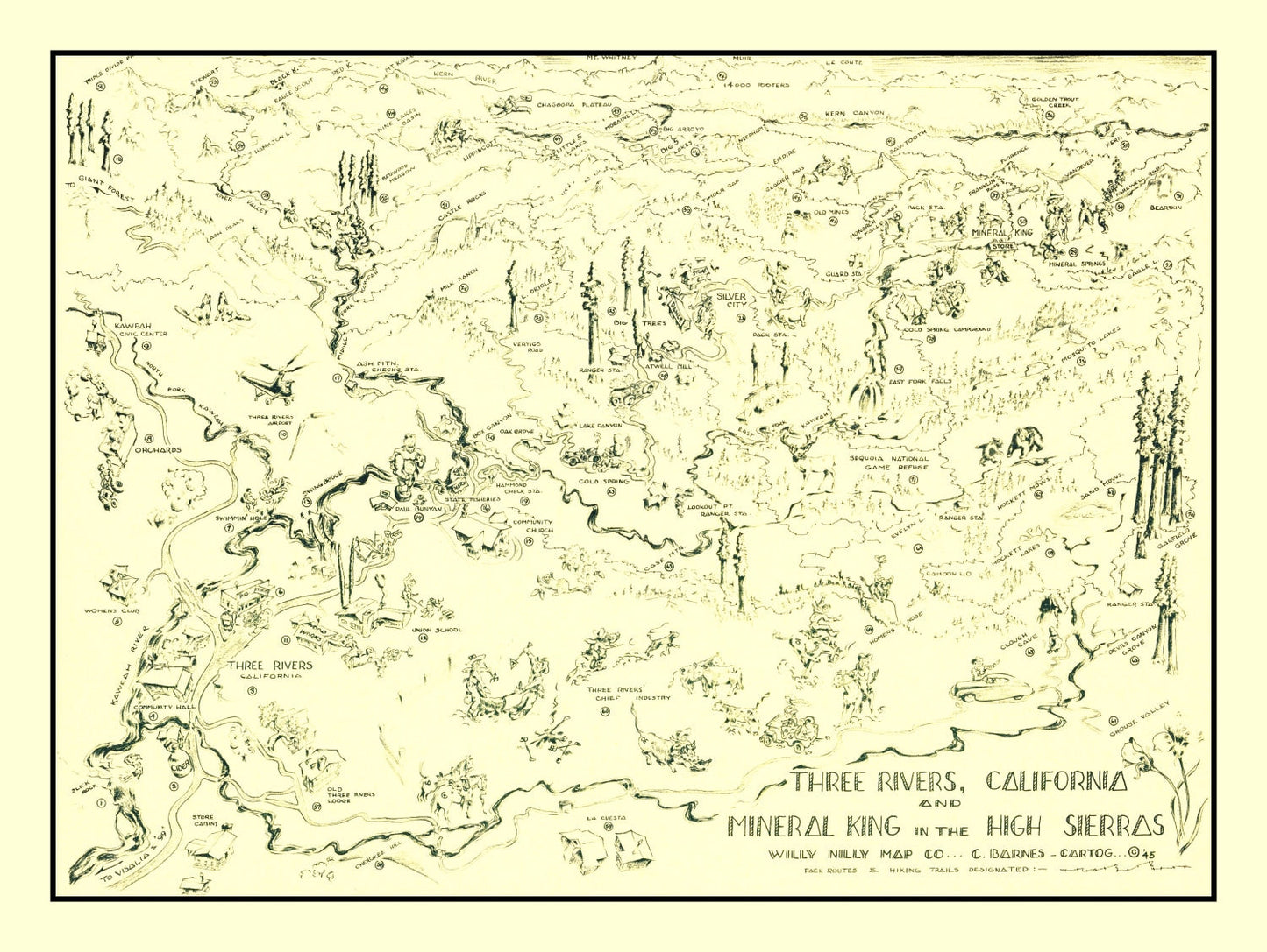 Vintage Map of Three Rivers, California 1945
