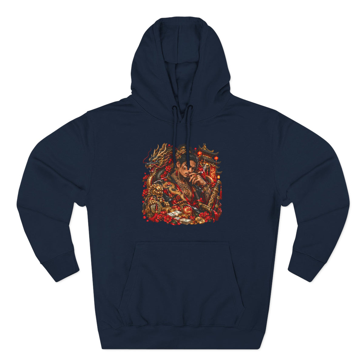 Dragon Battle Hoodie — Three-Panel Fleece Hooded Sweatshirt with Fiery Fantasy Artwork