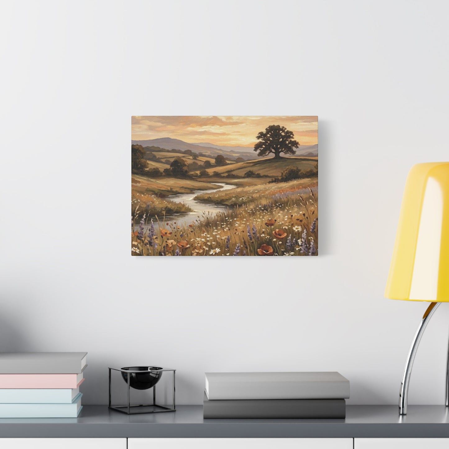 Golden Meadow River Canvas Wall Art — Stretched Matte Print