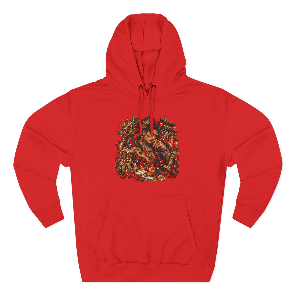 Dragon Battle Hoodie — Three-Panel Fleece Hooded Sweatshirt with Fiery Fantasy Artwork