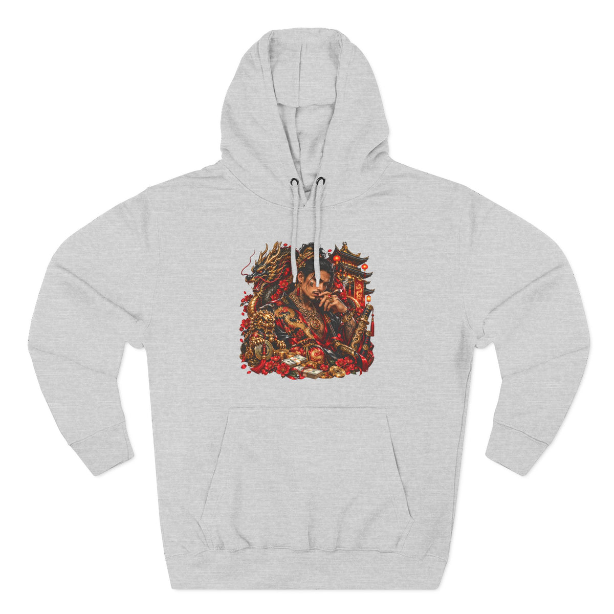 Dragon Battle Hoodie — Three-Panel Fleece Hooded Sweatshirt with Fiery Fantasy Artwork
