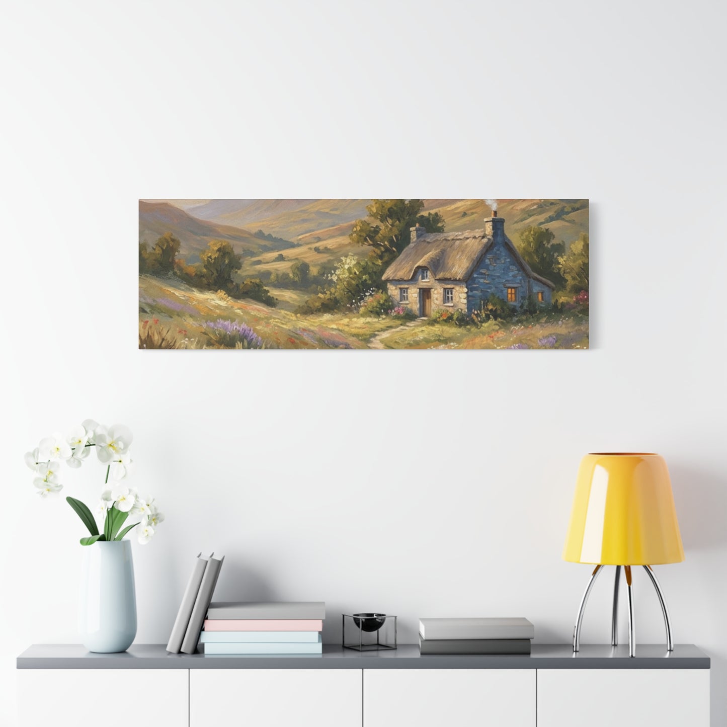 Countryside Cottage Canvas Wall Art — Tranquil Rustic Landscape Print