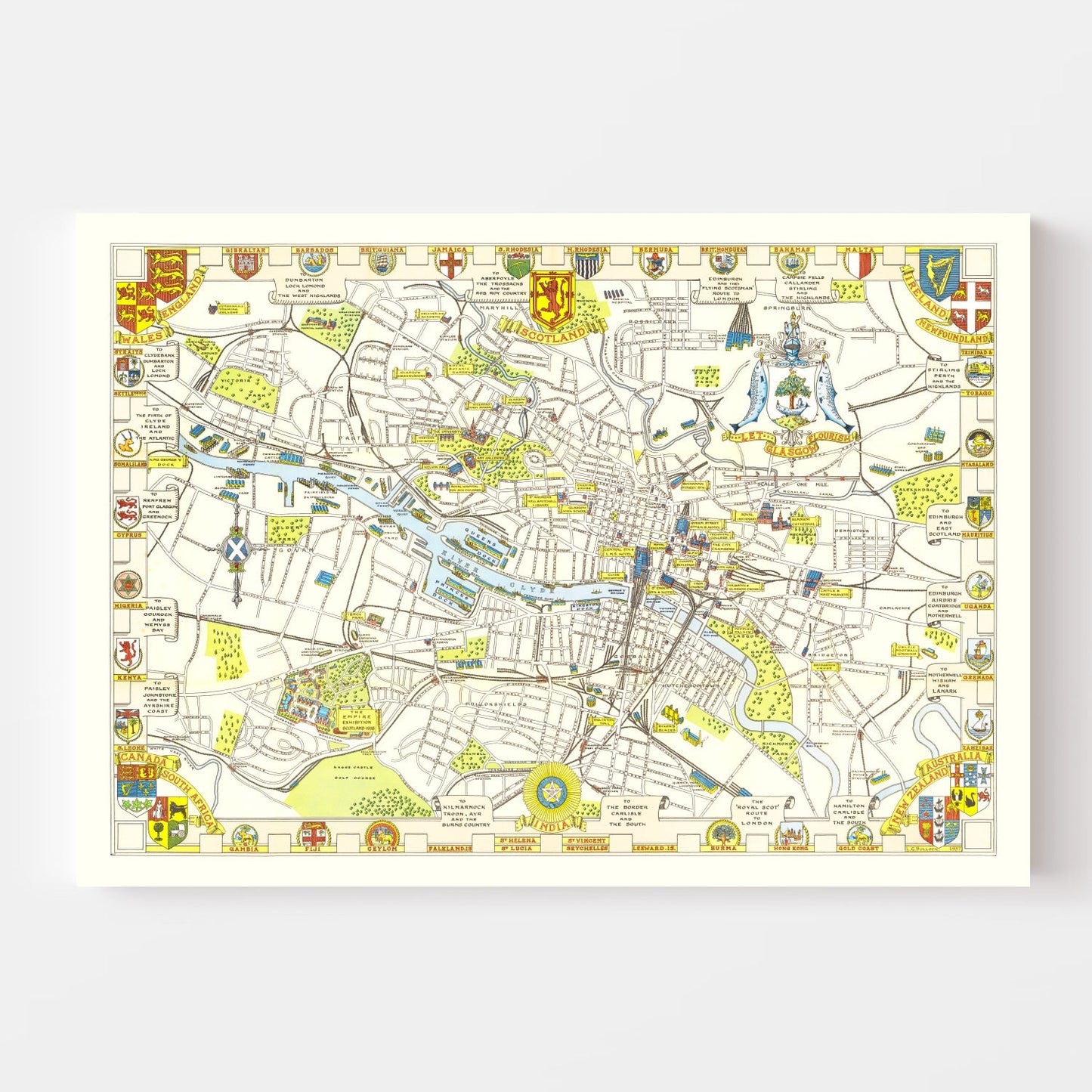 Vintage Map of Glasgow, Scotland 1938