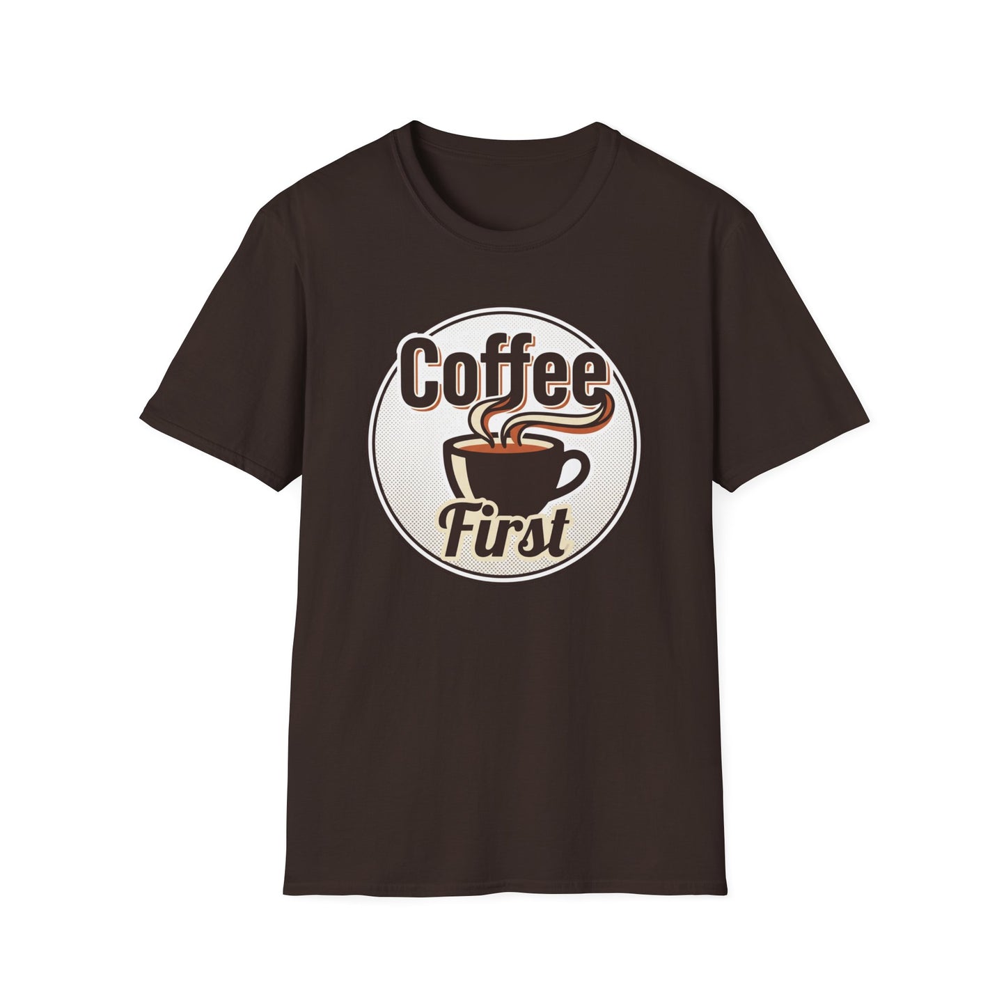 Coffee First T-Shirt — Retro Coffee Cup Graphic Tee for Coffee Lovers