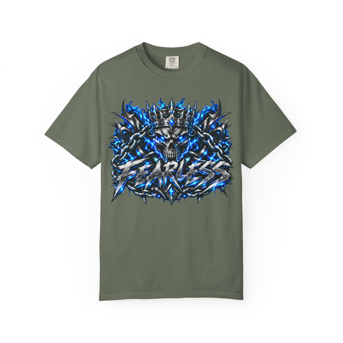 Skull Throne Graphic T-Shirt — Blue Lightning Heavy Metal Tee