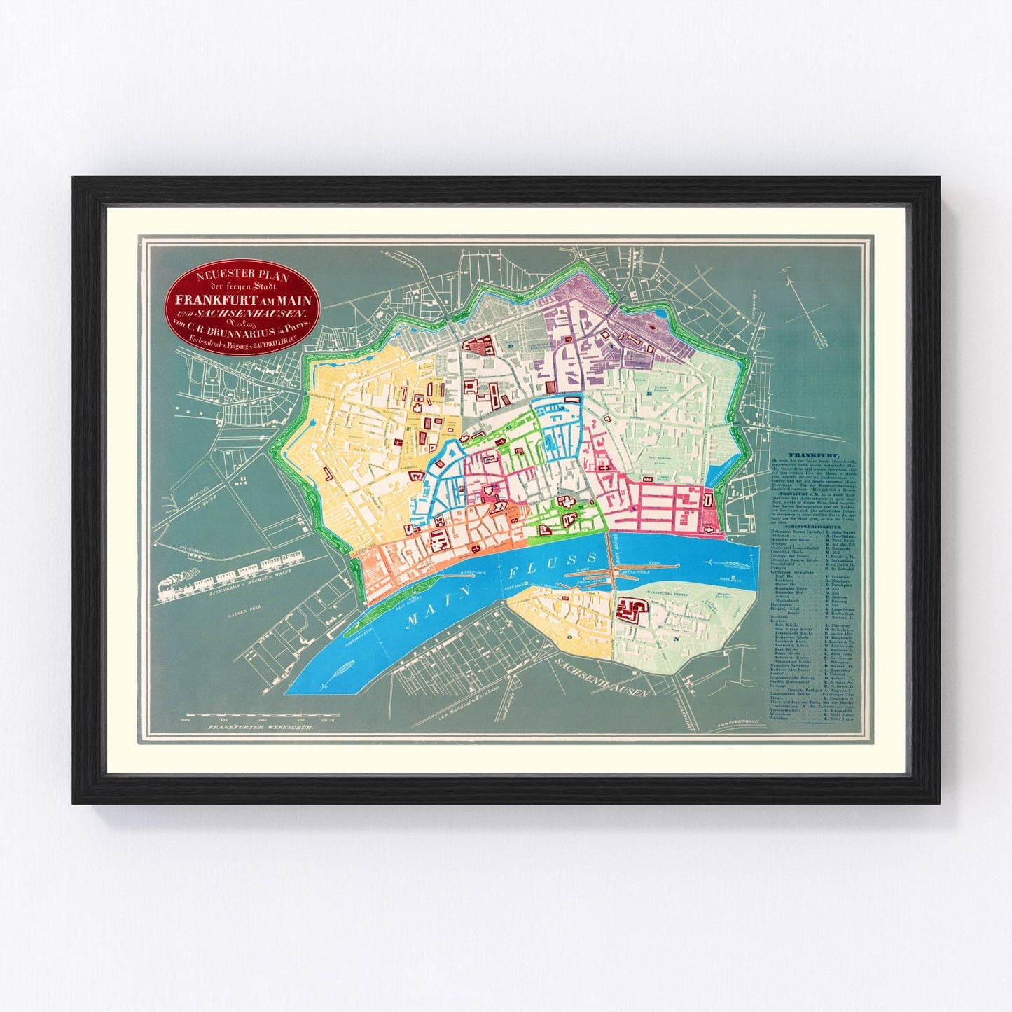 Vintage Map of Frankfurt, Germany 1844