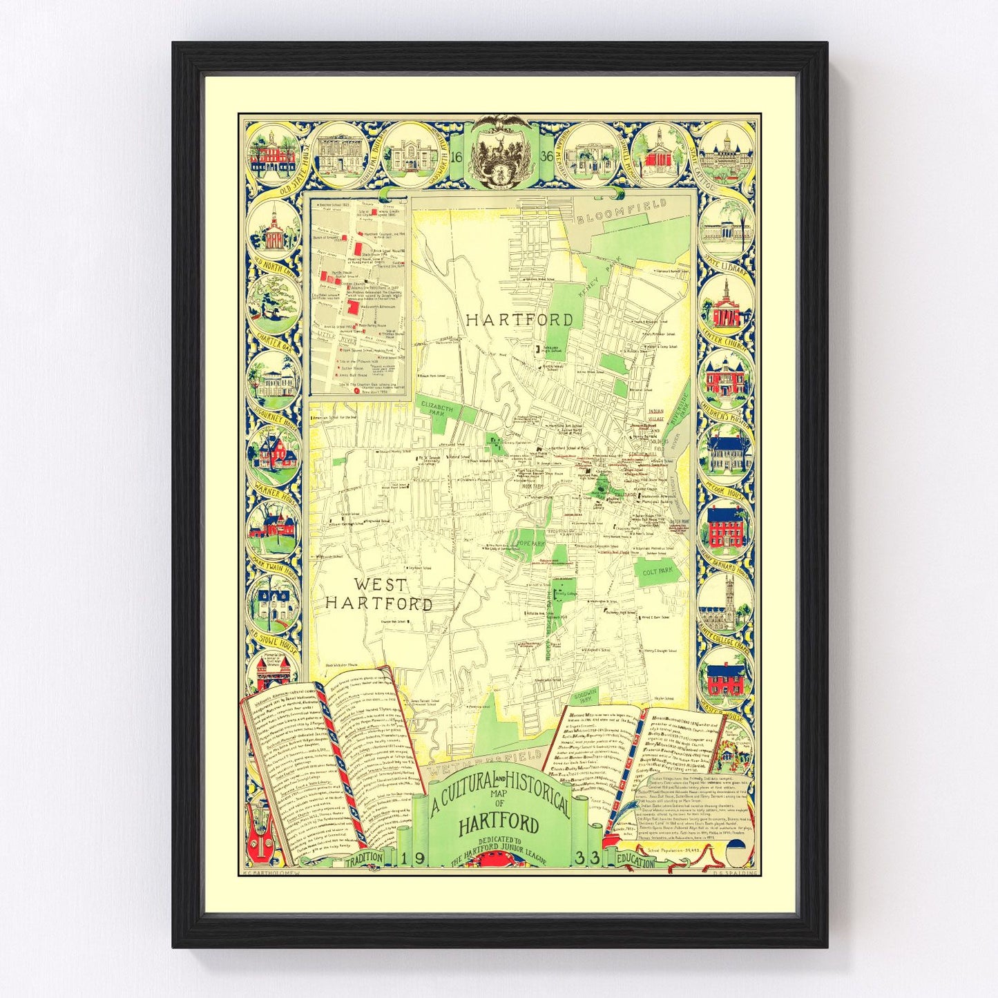 Vintage Map of Hartford, Connecticut 1933