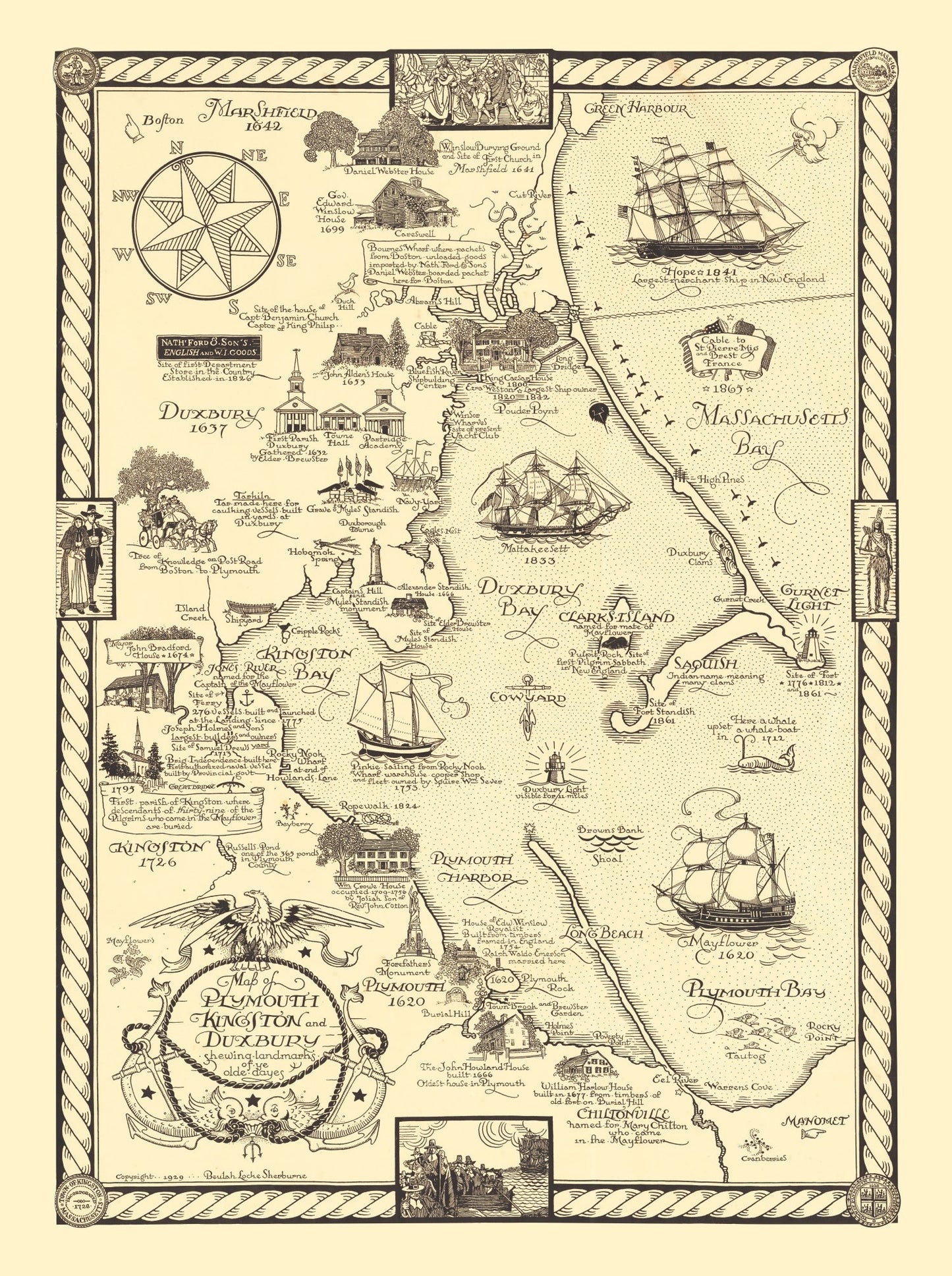 Vintage Map of Plymouth & Duxbury, 1929