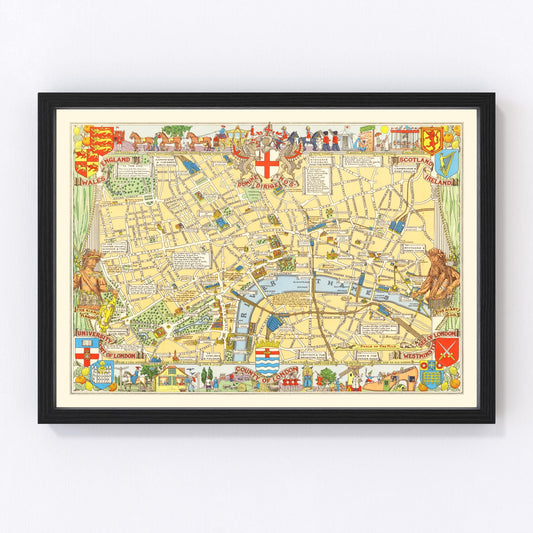 Vintage Children's Map of London, England 1938